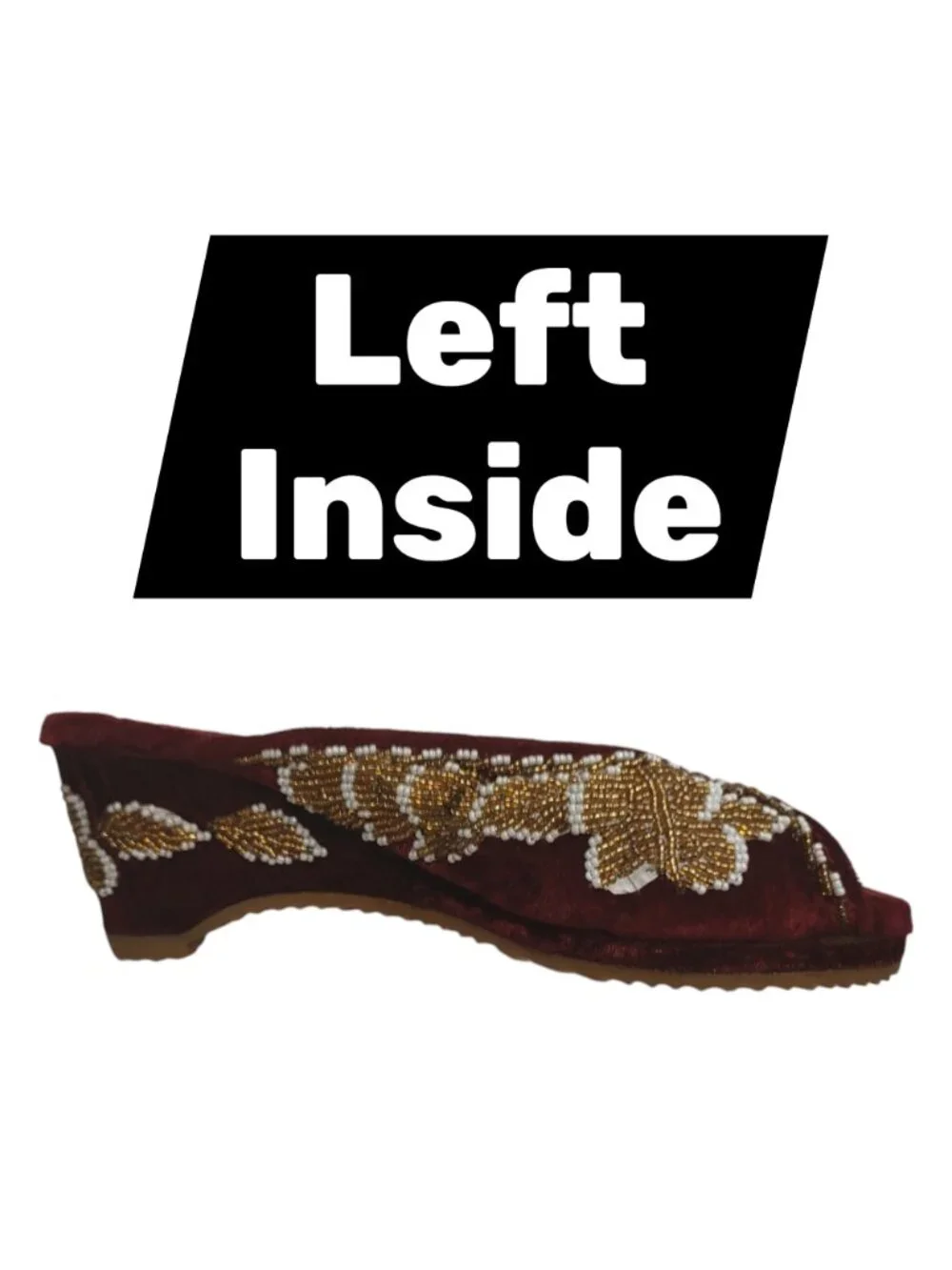 Retro/Vintage 70s Maroon Velvet Butterfly Beaded Gold White Wedge Slippers US 5